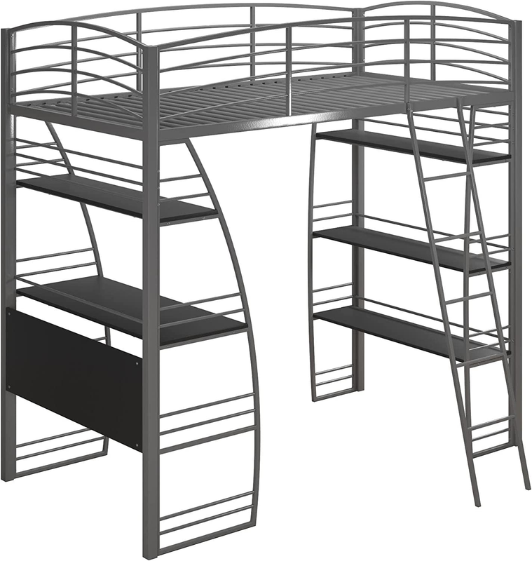 DHP Studio Loft Bunk Bed over Desk and Bookcase with Metal Frame - Twin (Gray)