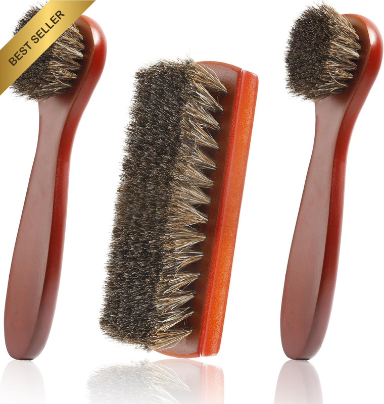 3Pcs Horsehair Shoe Brush Set Long & Short Bristles for Leather Polish