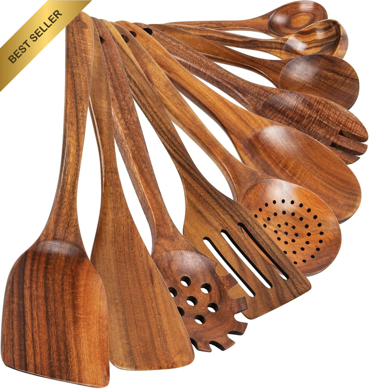Wooden Spoons for Cooking, Kitchen Spatula Set, 10 Pcs Wooden Cooking Utensils S