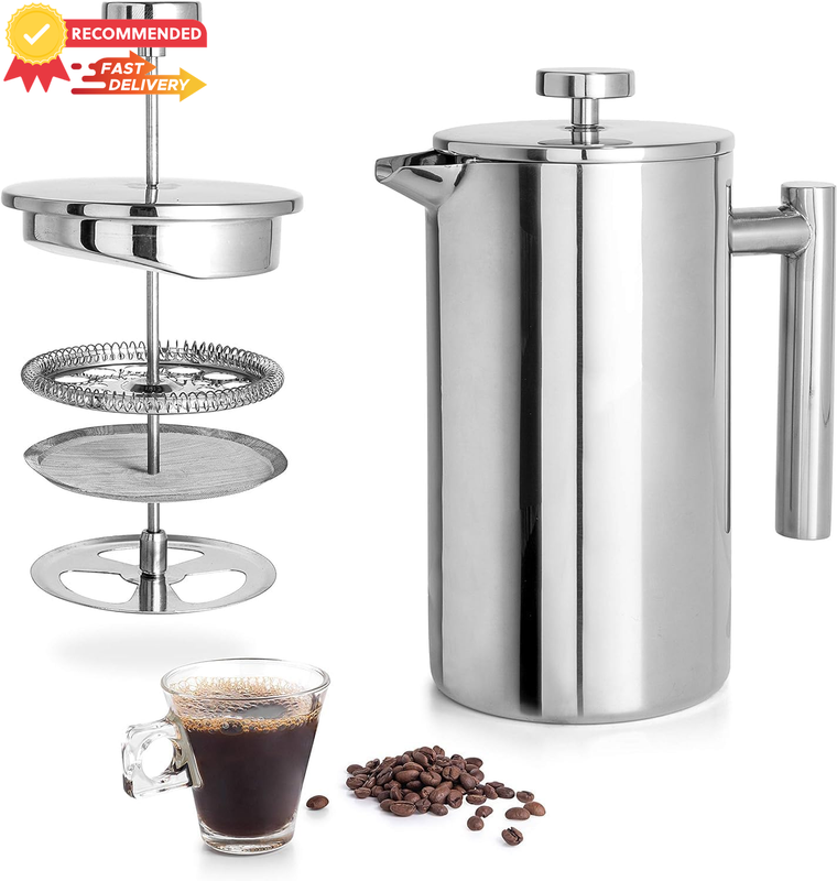 Stainless Steel French Press Coffee Maker 1L 4 Cups, Durable & Thermal, Silver