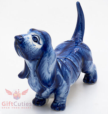 Gzhel Porcelain Basset Hound Dog Figurine handmade