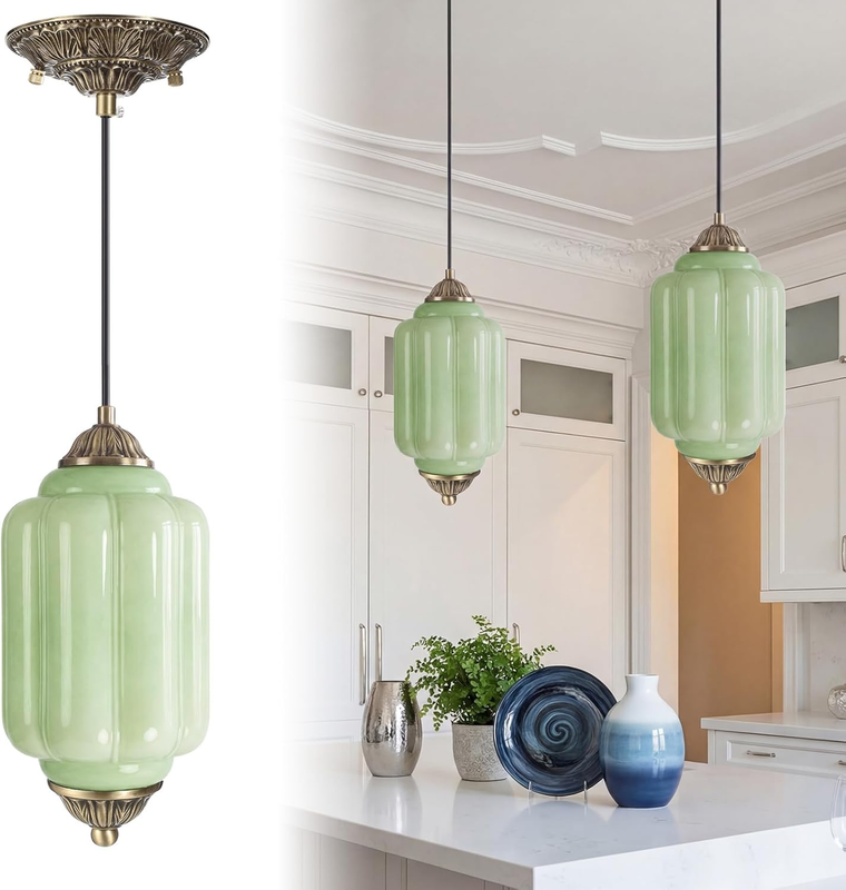 Vintage Green Milk Glass Pendant Light - 2 Pcs Retro Brass Ceiling