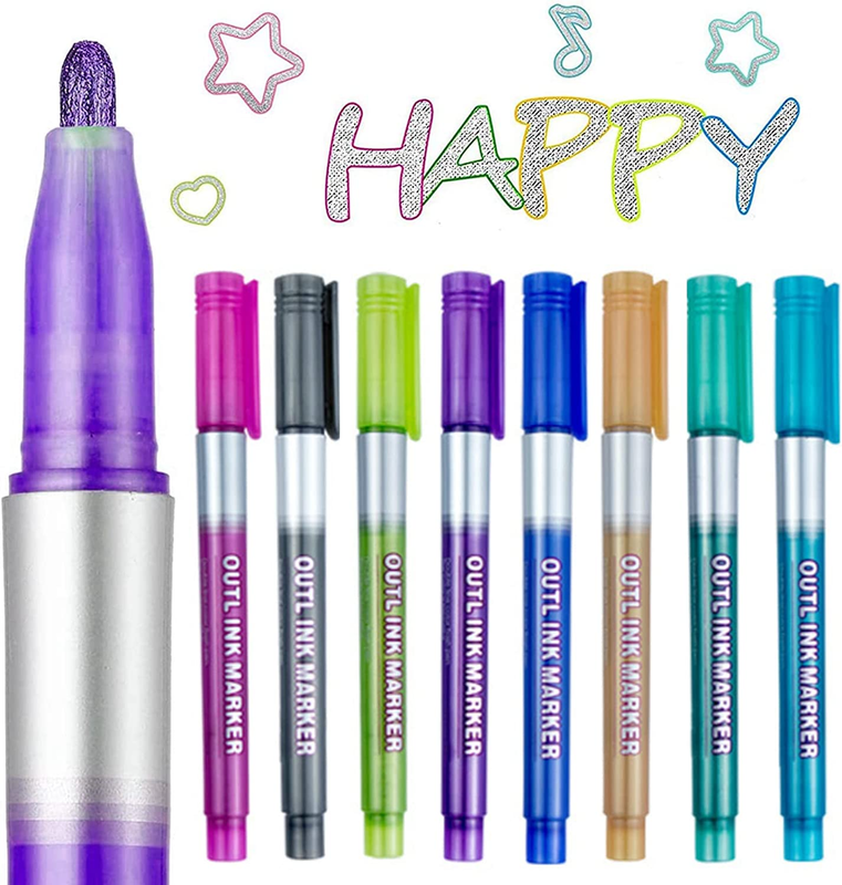 Pens, 8 Colors Double Line Markers Sel-outline Metallic Mark
