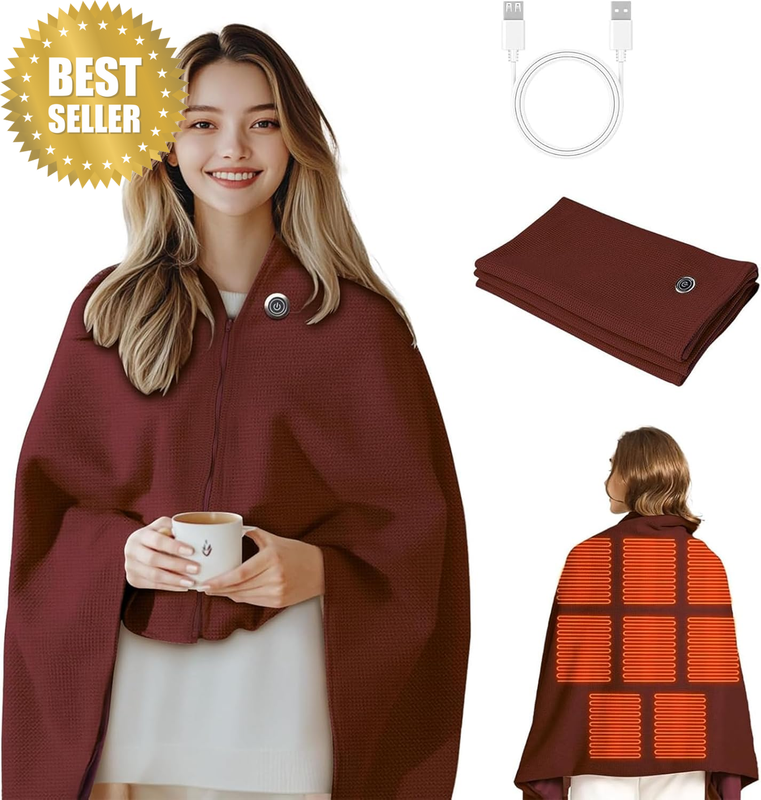 Portable Heated Shawl, Heated Shawl Wraps for Women, Portable Soft Zipper Electr