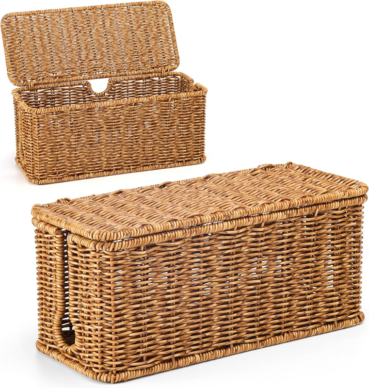 Rattan Cable Management Box, Speckled Brown, 12.5" X 5" X 5.2" | Handwoven Imita
