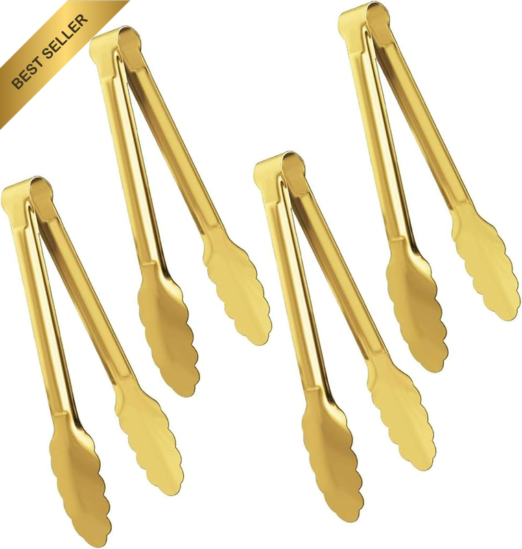 4 Pack Gold Small Serving Tongs for Kitchen & Buffet, 9 Inch Stainless Steel Foo