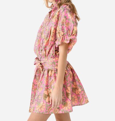 JULIET DUNN JULIET DUNN FLORAL BLOCK PRINT LAMÉ BLOUSON DRESS IN HOPT PINK/CORAL - SIZE 2