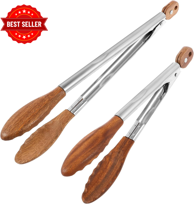 2 Pcs Walnut Wooden Kitchen Tongs Wood Food Tongs Salad Tongs with Wooden Tips,