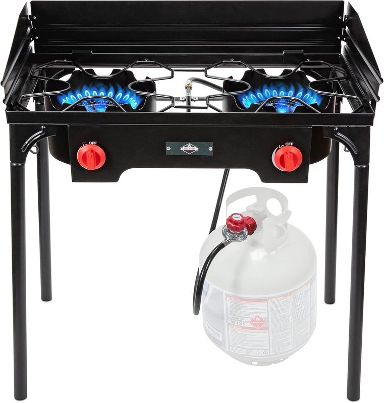 Cast Iron Double-Burner Outdoor Gas Stove | 150,000 BTU Portable Propane Cooktop W/Blue Flame Control, Removable Legs, Temperature Control Knobs, Wind Panel, Hose, Regulator & Storage Case