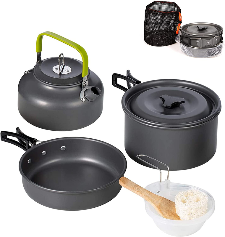 Outdoor Camping Cookware Set, Teapot and Pans Set Picnic Equipment, Mesh Set Bag
