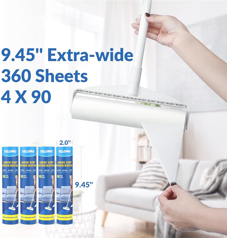 Large Lint Rollers for Carpet, Sticky Rollers for Floor  9.45 in with 3 Extendab