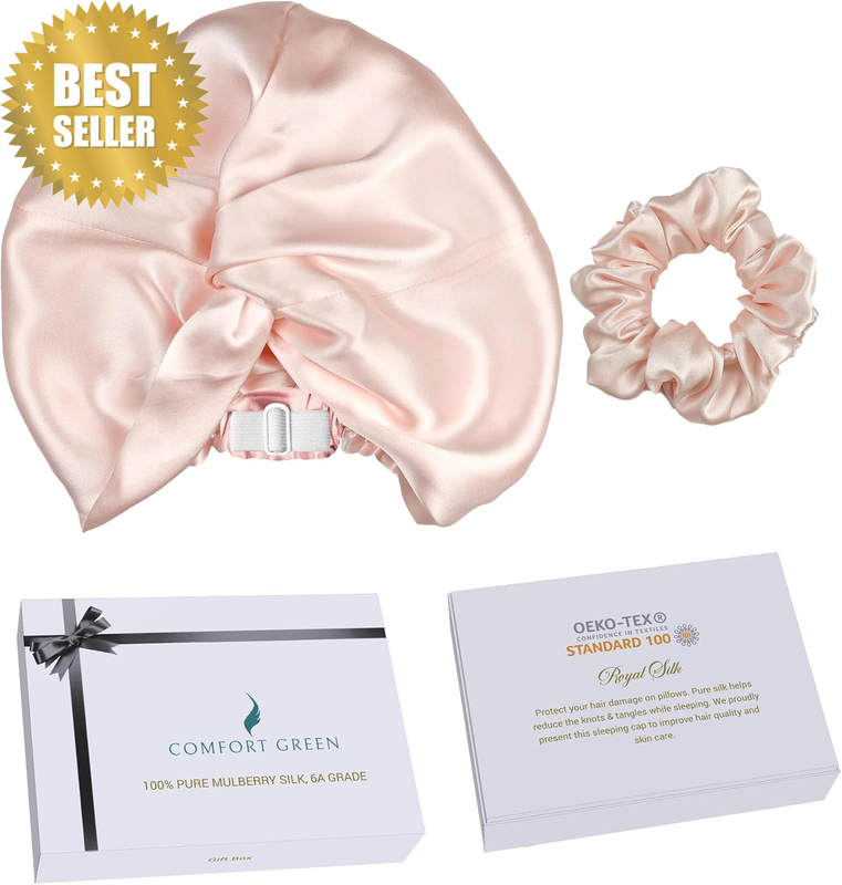 [3 Pc Gift Set] 100% Pure Mulberry Silk Bonnet for Sleeping, Adjustable Double-L