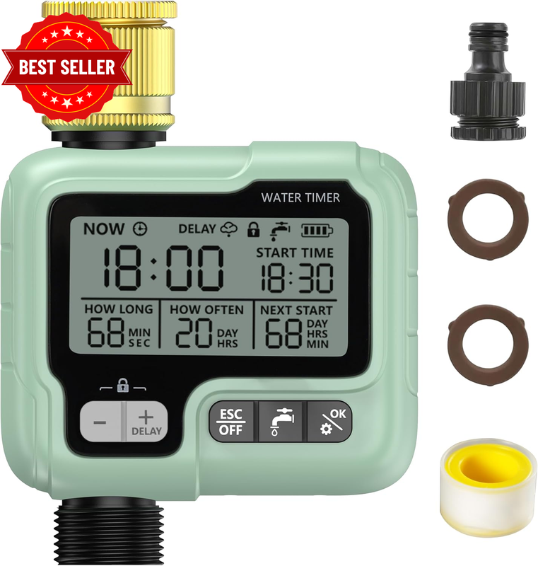 Sprinkler Timer with Brass Inlet, LCD Programmable Watering for Garden Hose