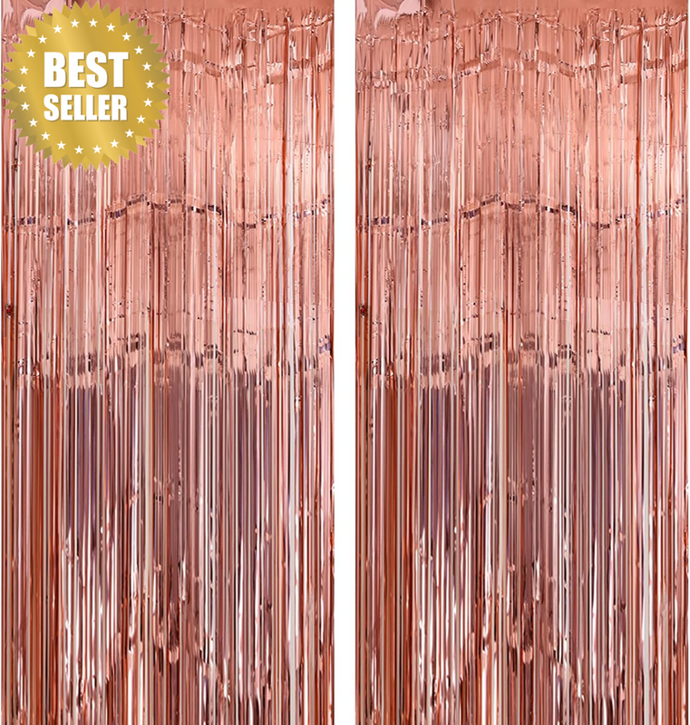 2 Pack Rose Gold Foil Fringe Curtains Metallic Tinsel Backdrop 3x8.2ft
