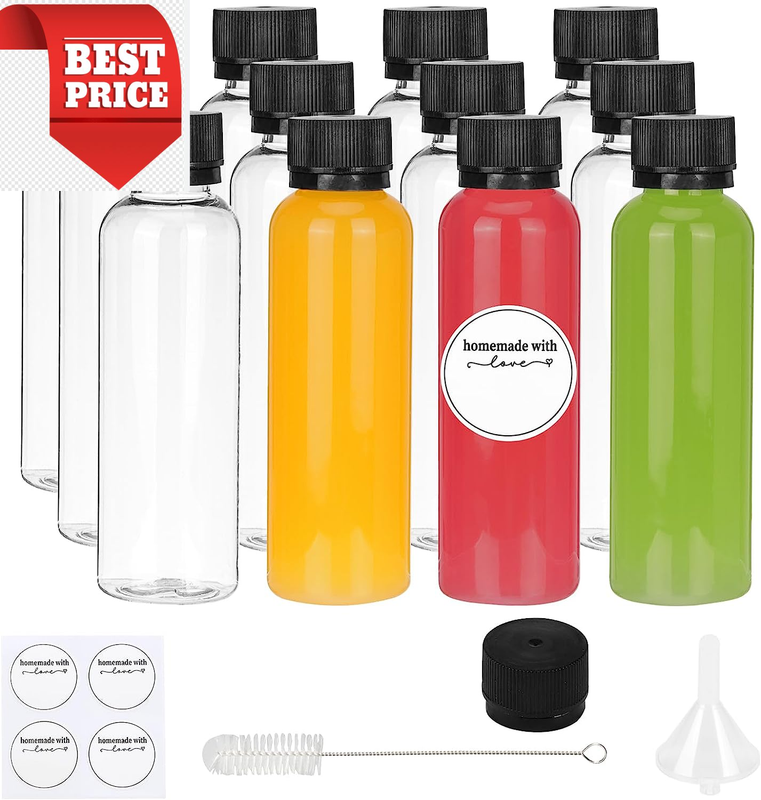 12Pcs 2Oz Small Plastic Drink Bottle, Clear Juice Bottle with Lid, Reusable Leak