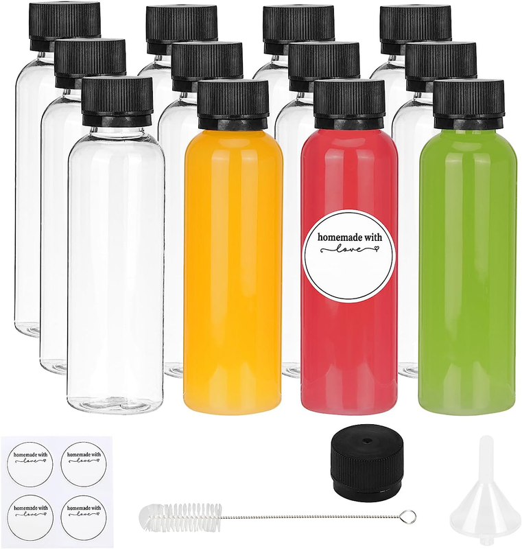 With Lids 12pcs 2oz, Small Plastic Bottles Juices, Ginger