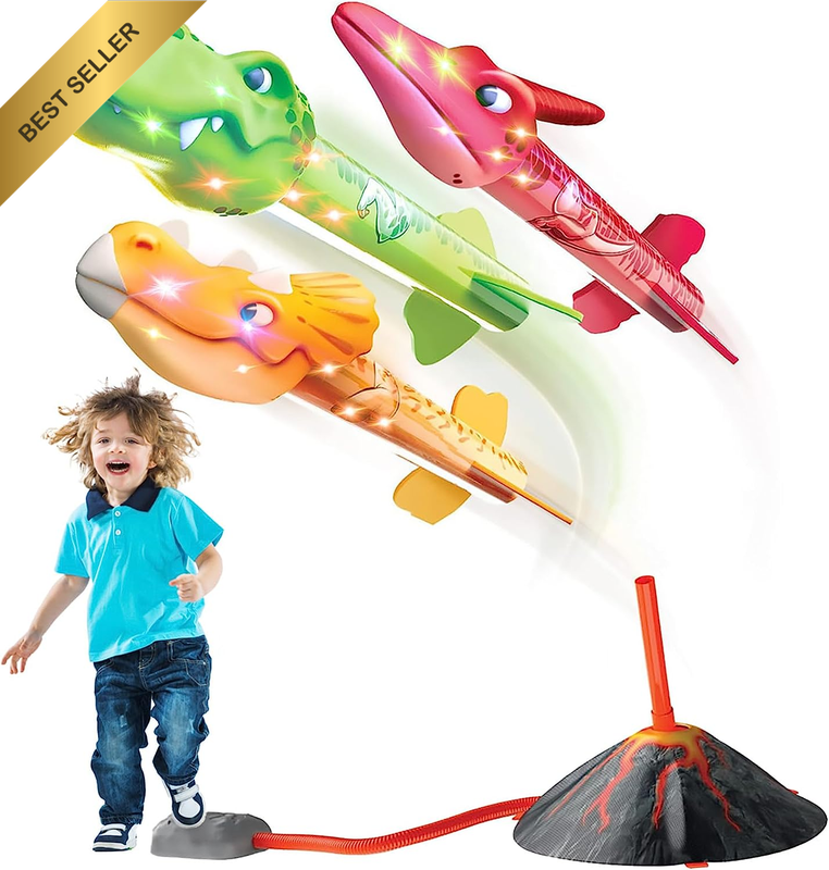 Dino Foam Rocket Launcher 3 LED Rockets Stomp Outdoor Toy 100Ft Gift
