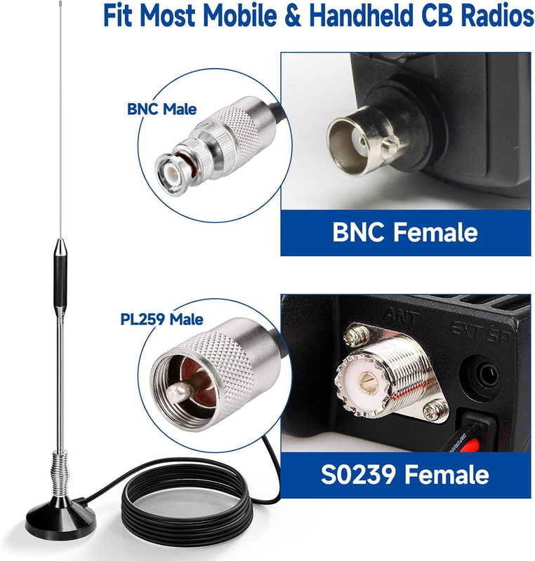 24 inch Magnetic CB Radio Antenna 27MHz PL259 & BNC Male Compatible with Cobra M