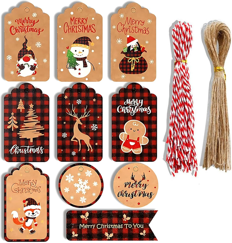 100 Pcs Kraft Christmas Hanging Tags with Twine & Red Cotton Cord, 10 Festive De