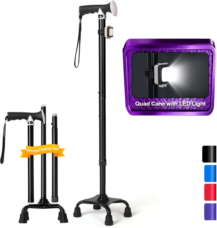 Quad Cane (300 Lbs) - Adjustable Walking Cane with Large 4-Pronged Base & LED Li