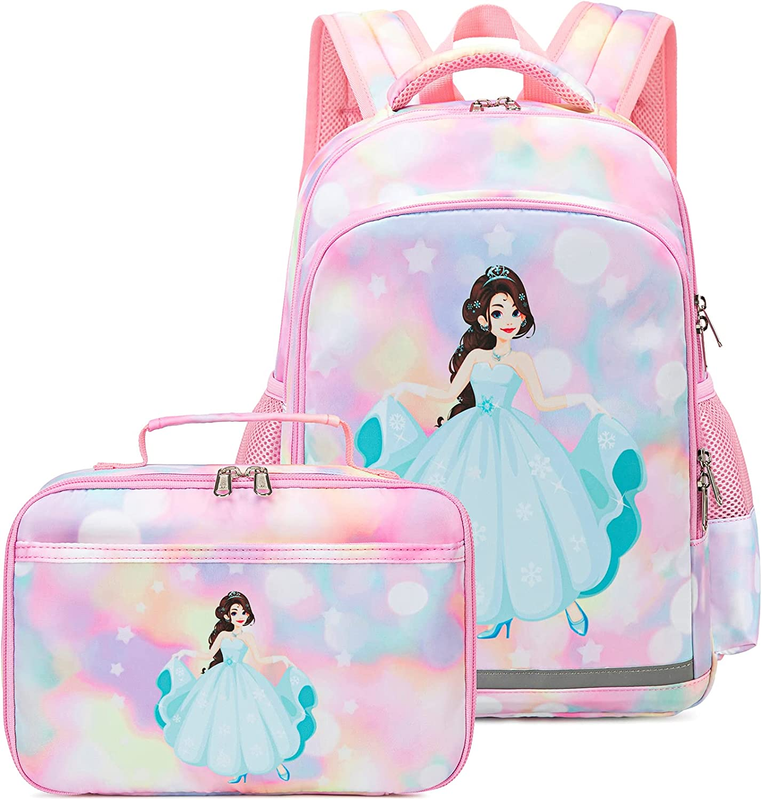 Girls Rainbow Princess Backpack Set with Matching Lunch Tote Bag