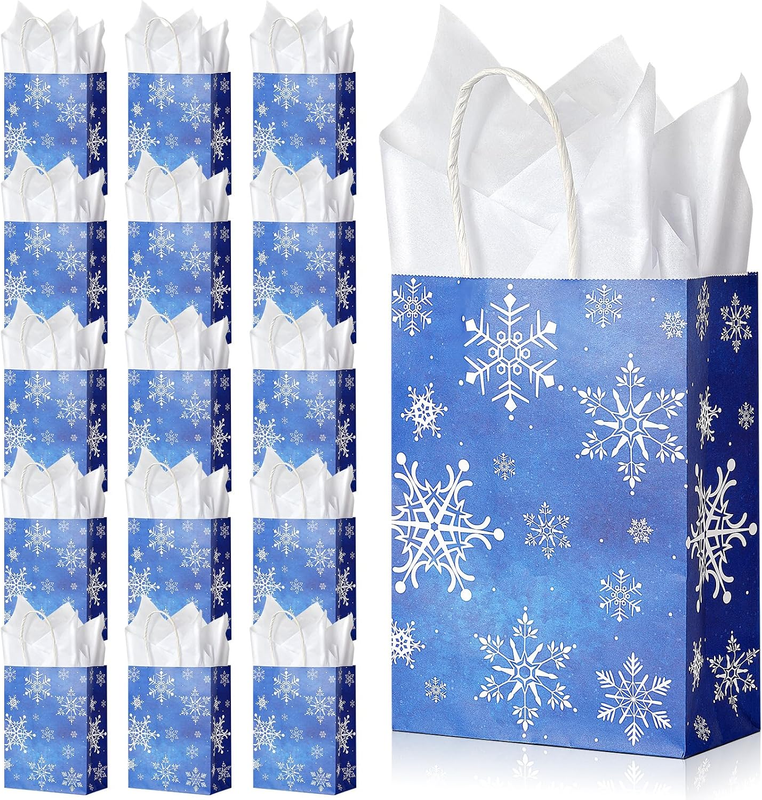 16Pcs Christmas Snowflake Party Gift Bags Winter Onederland Blue Treat Bags with