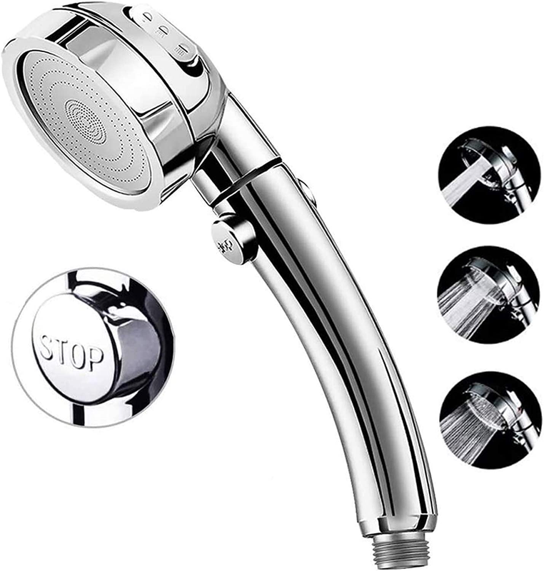 High Pressure Shower Head 3 Settings Shutoff Push Button Round Chrome NEW