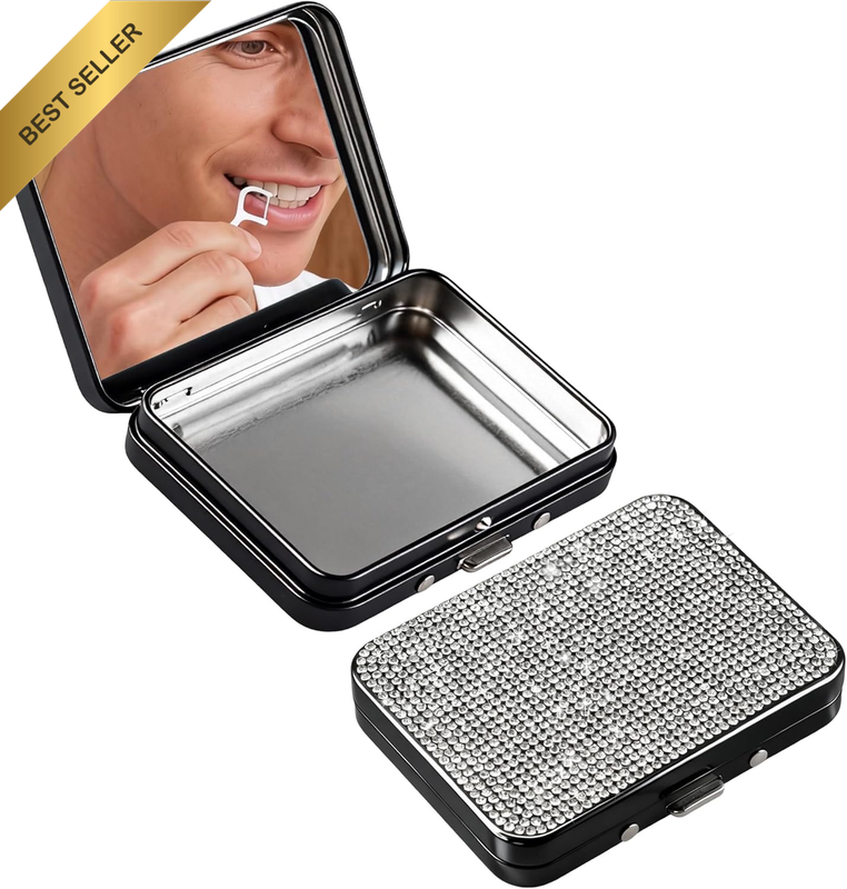 2Pack Bling Dental Floss Pick Case with Mirror, Portable Refillable Toothpick Fl