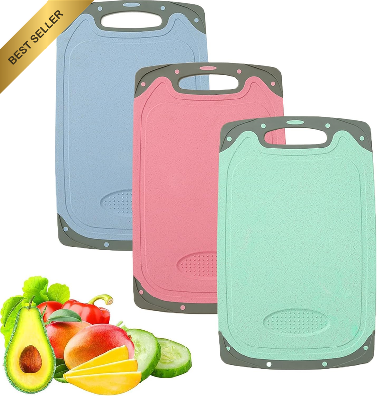 Chopping Board Set, 3Pcs BPA Free Kitchen Thick Plastic Cutting Boards with Non-