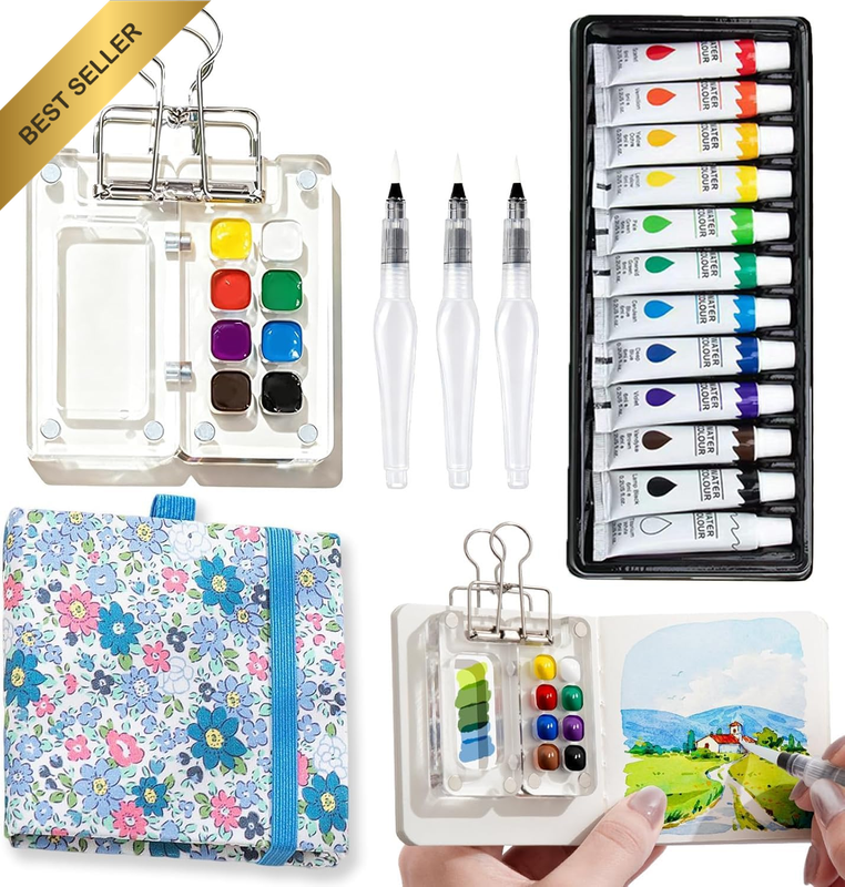 Mini Watercolor Paint Set, 12 Colors Portable Pocket Watercolour Travel Kit with