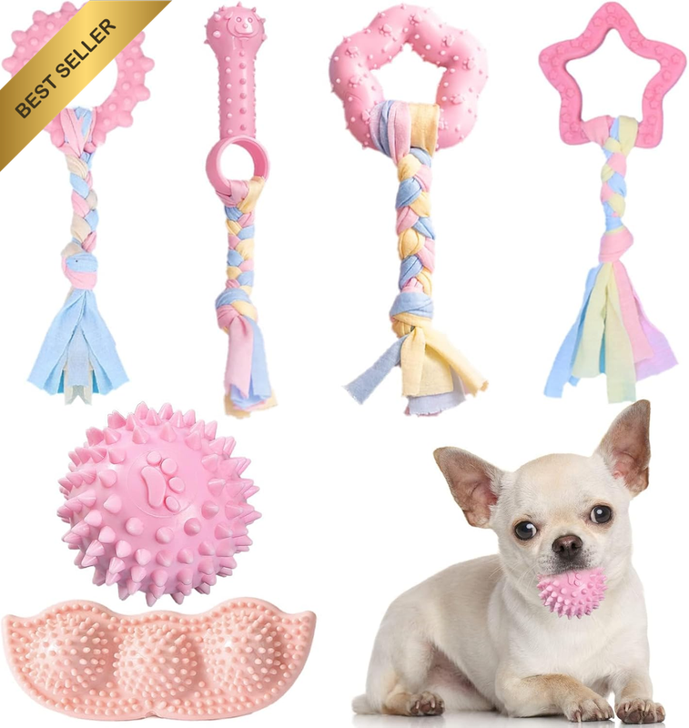 Safe Rubber Chew Toys for Dogs, Pink Teething Set with Soft Durable Balls, Inter