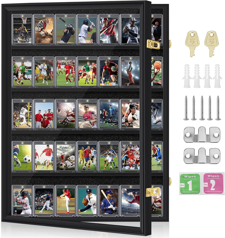 Baseball Card Display Case, 35 Graded Card Display Frame Lockable, Trading Card Display with UV Protection Sports Card Display Case for Baseball Cards, Football Cards, Sports Cards