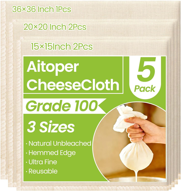 Cheese Cloths, 5 Pcs Organic Cheesecloth for Straining Cooking | 3 Sizes Reusabl