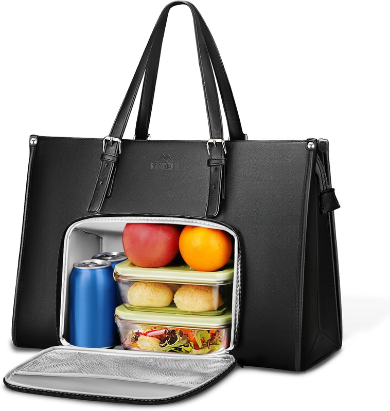 Insulated Lunch Bag for Women, 15.6 Inch PU Leather Laptop Tote Bag with Leakpro