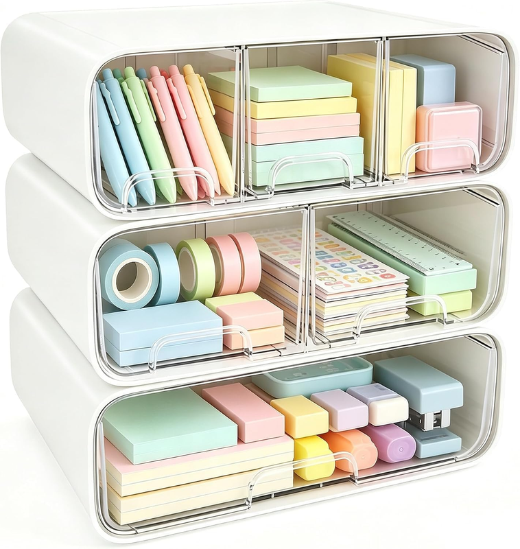3-Tier Desktop Storage Box, Stackable Plastic Storage Drawers