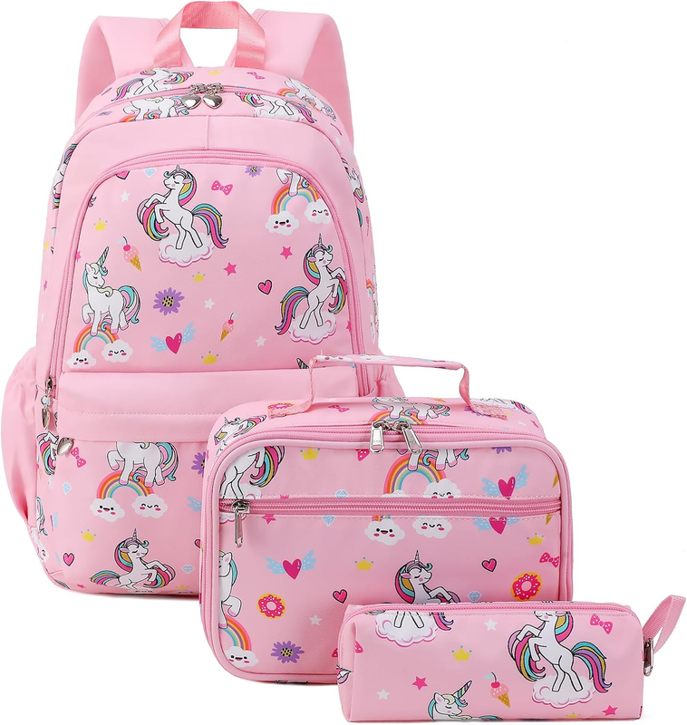 Backpack for Girls, Kids Unicorn Backpack Set, Elementary Primary Middle School Bookbag with Lunch Box and Pencil Case, Pink (Unicorn)