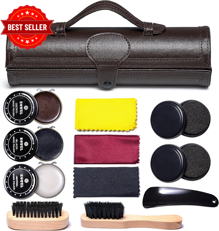 12PCS Shoe Polish Care Kit Leather Boot Shine Set W/Travel Case, Brush, Cloth, S