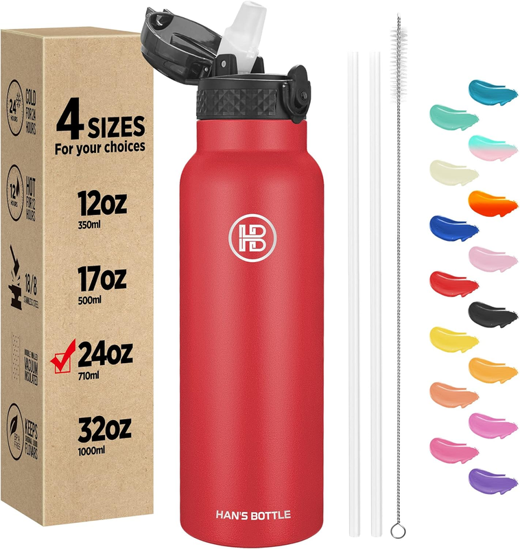 Sports Water Bottle - 24 Oz, Straw Lid, Leak Proof, Vacuum Insulated Stainless S