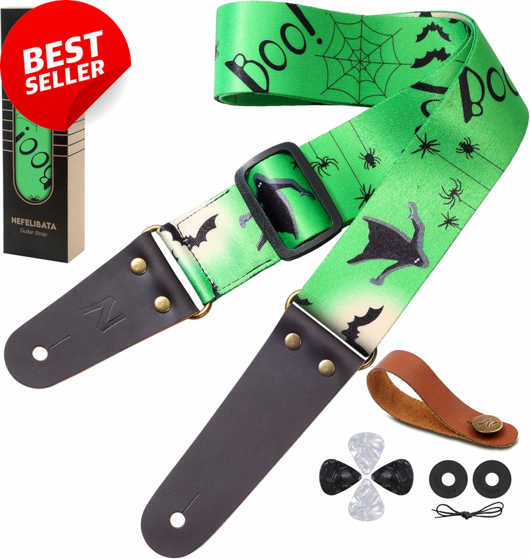 Halloween Bat Nylon Guitar Strap w/ Leather Ends, Strap Locks, Picks, Button