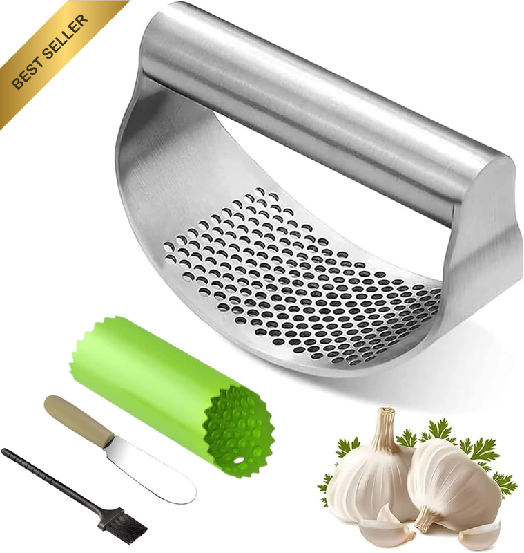 Stainless Steel Garlic Press Rocker | Multi-Functional Garlic Mincer with Peeler