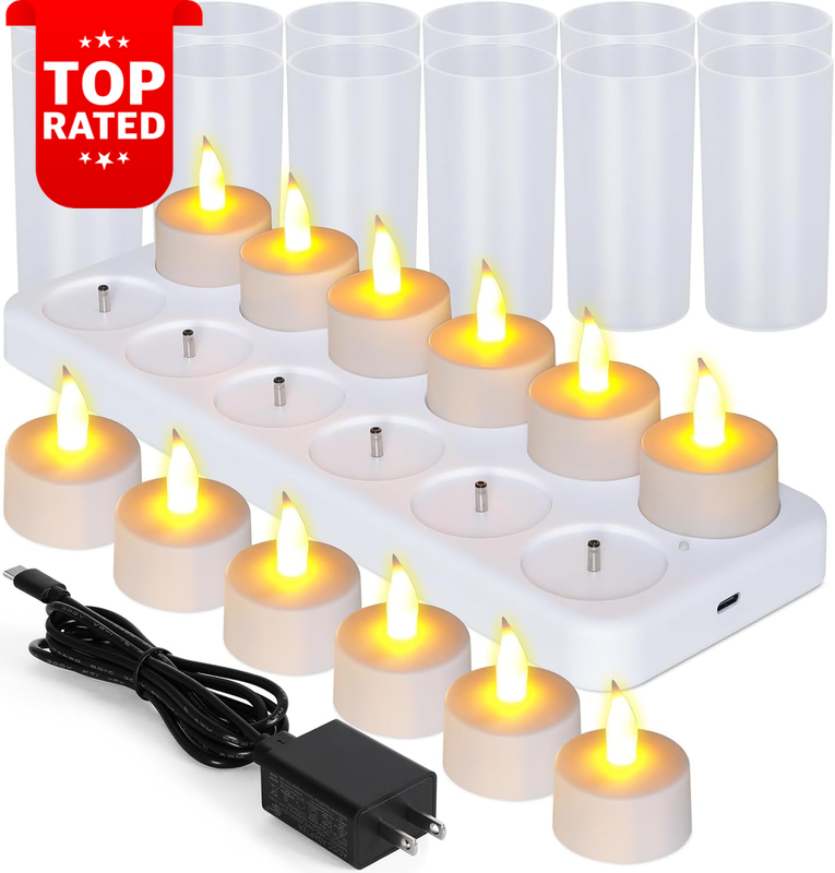 12Pcs Flameless Rechargeable Flickering Tealight Candles White Base Party Decor