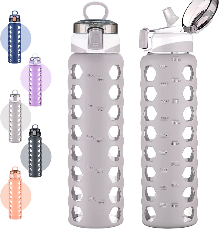 32Oz Glass Water Bottles with Straw Lid Wide Mouth Motivational Water Bottle