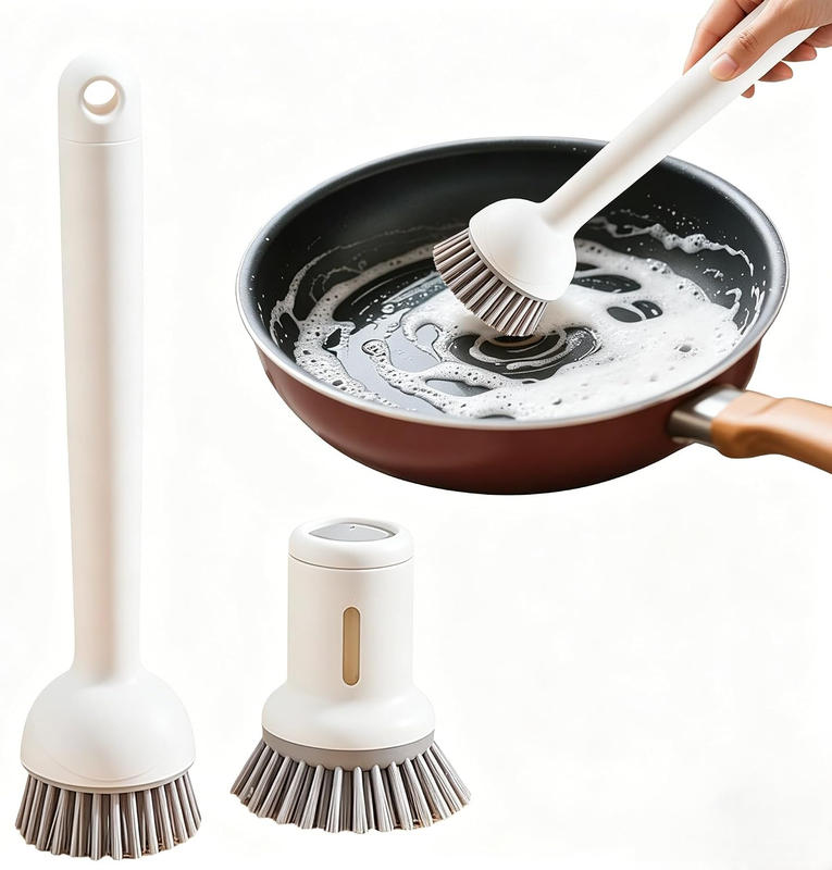 Soap Dispensing Dish Brush 2 Pack, Long & Short Handle Cleaning Set