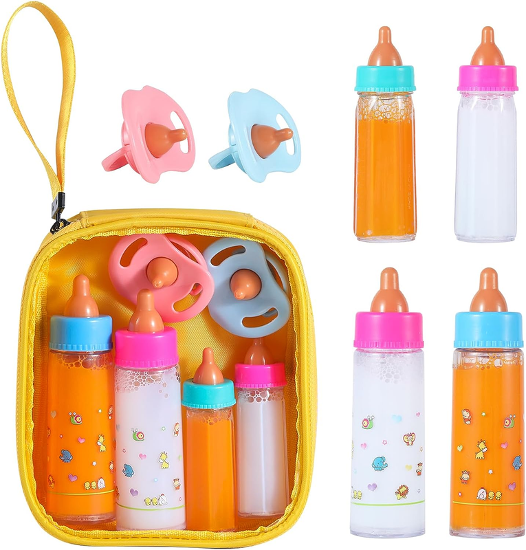 Kaydora Magic Disappearing Milk and Juice Bottles with Pacifiers for Baby Doll A