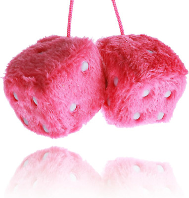 Sibba Fuzzy Plush Dice for Car Mirror, Pair 2.4  Pink Dice with White Dots, Retr