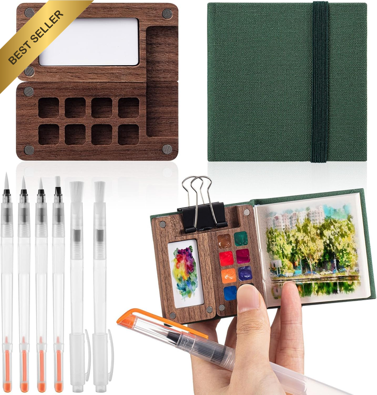 Mini Portable Watercolor Palette Set Wooden Grid Paint Box Watercolor Paper Sket