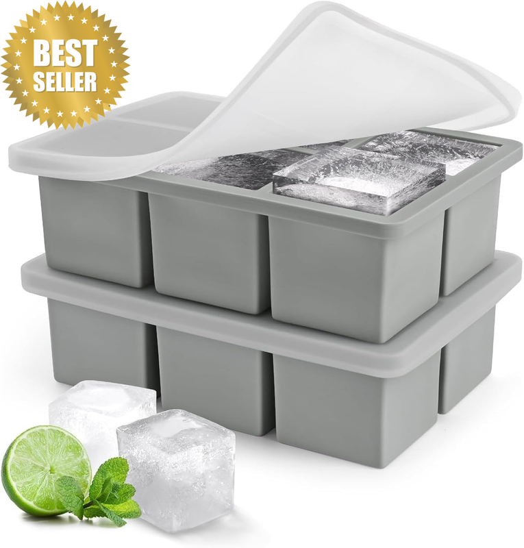 Ice Cube Tray, 2 Pack Large Silicone Ice Tray with Removable Lid BPA Free, Stack