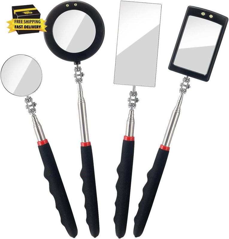 4PCS Telescoping Inspection Mirror LED Lighted Inspection Mirror for Mechanic Checking Vehicle, Car, Eyelashes, Mouth, Small Parts Observation (Extendable, Rectangle & Round)