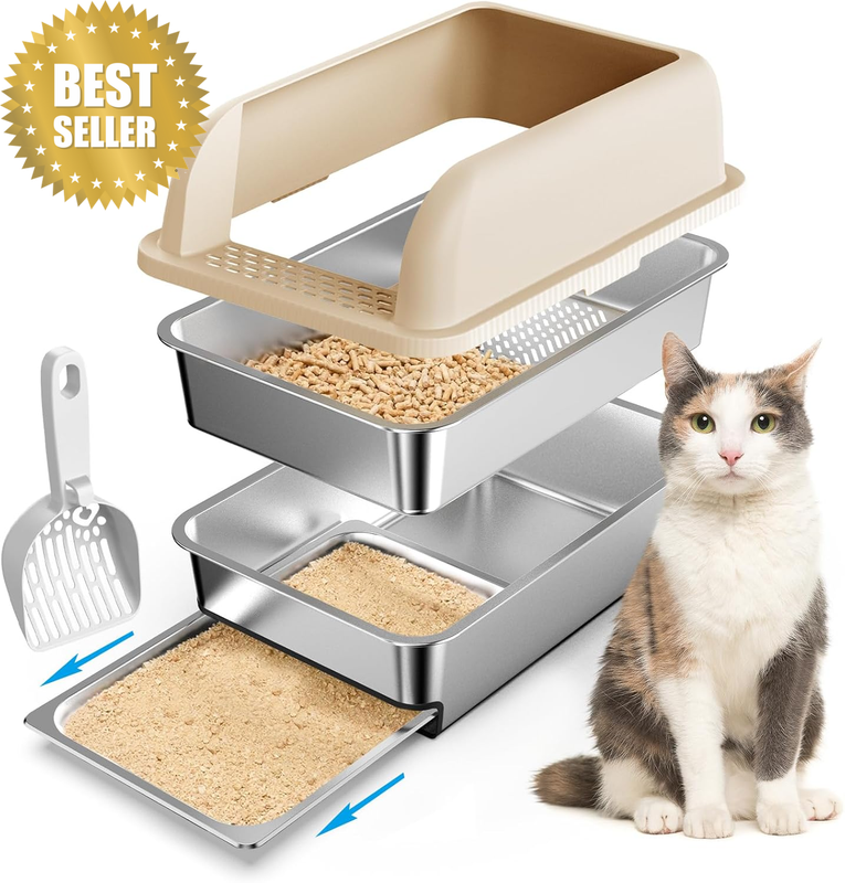 23.6"X16"X12" Stainless Steel Sifting Litter Box with Lid, XL Sifting Litter Box