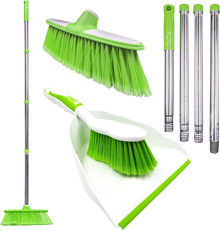 Sweeping Broom Indoor with Matching Dustpan and Brush Sets, Household Cleaning Set That Includes a Sweeping Brush Indoor, Soft Broom and Dustpan Set (Green)